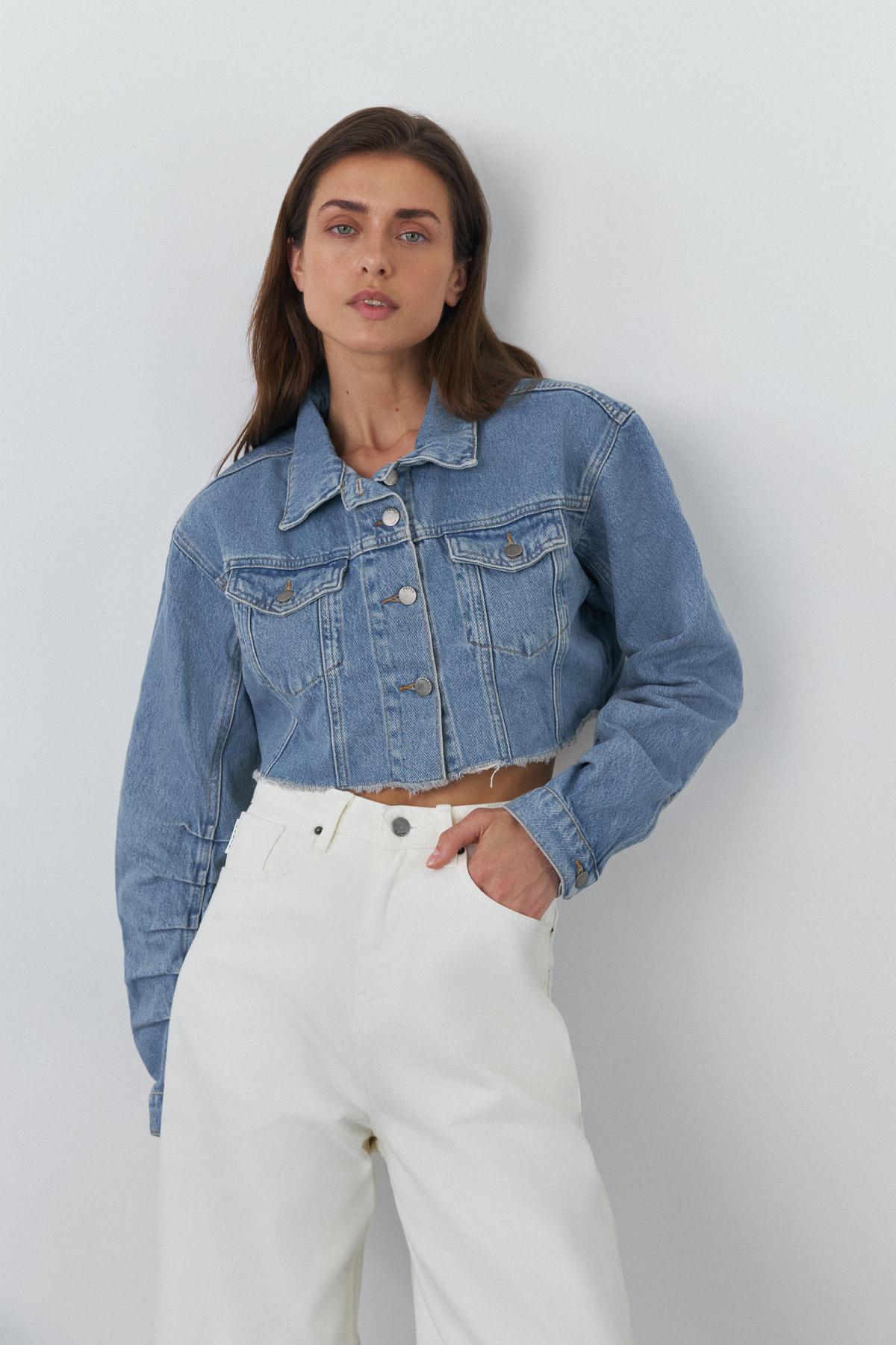 Cropped Denim Jacket with Unfinished Hem