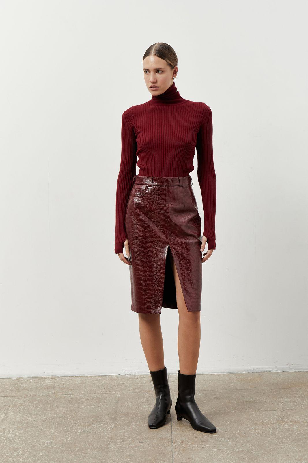 Slit Midi Skirt in Textured Faux Leather