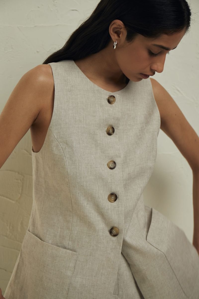 Hemp High Neck Vest with Button Closures and Back Tie