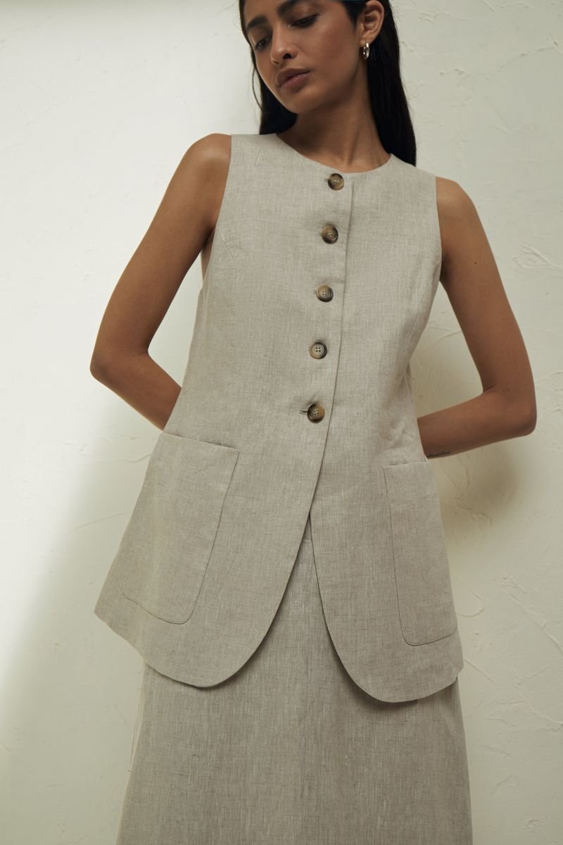 Hemp High Neck Vest with Button Closures and Back Tie