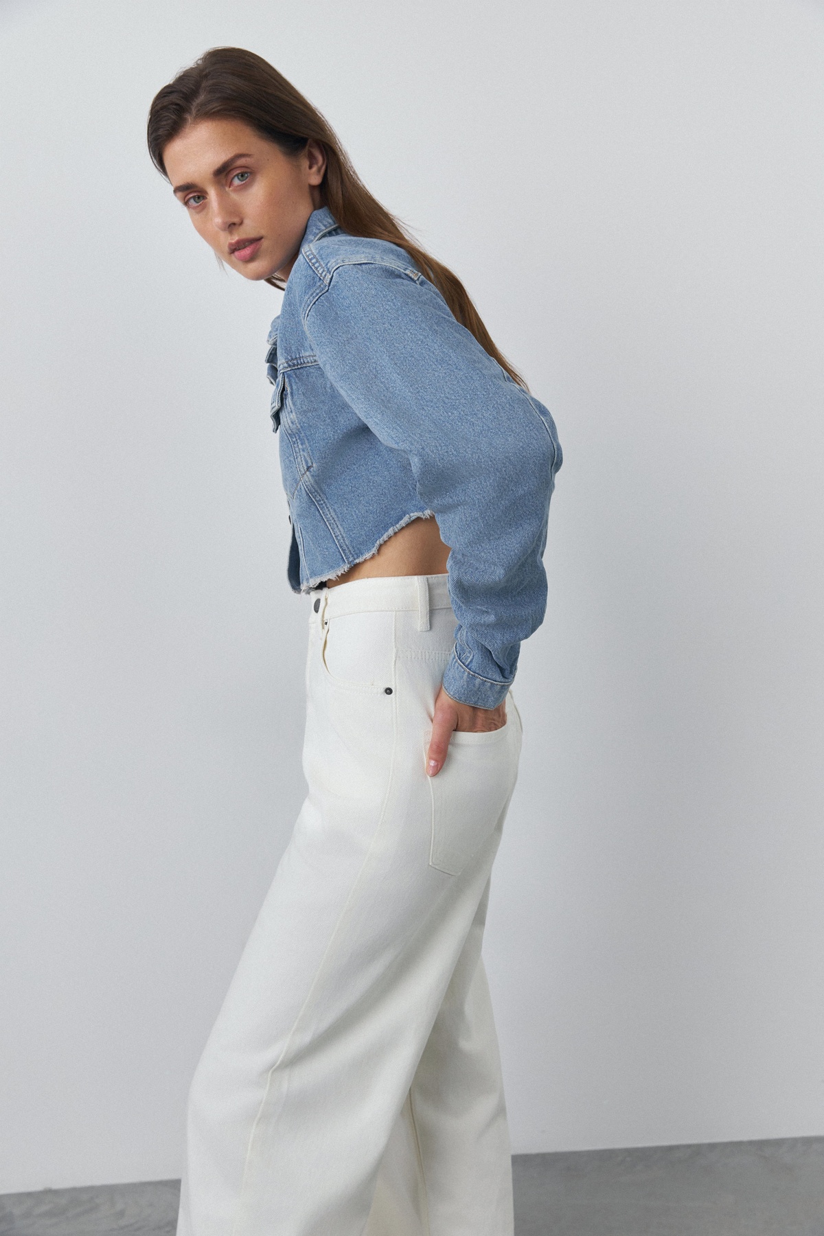 Cropped Denim Jacket with Unfinished Hem