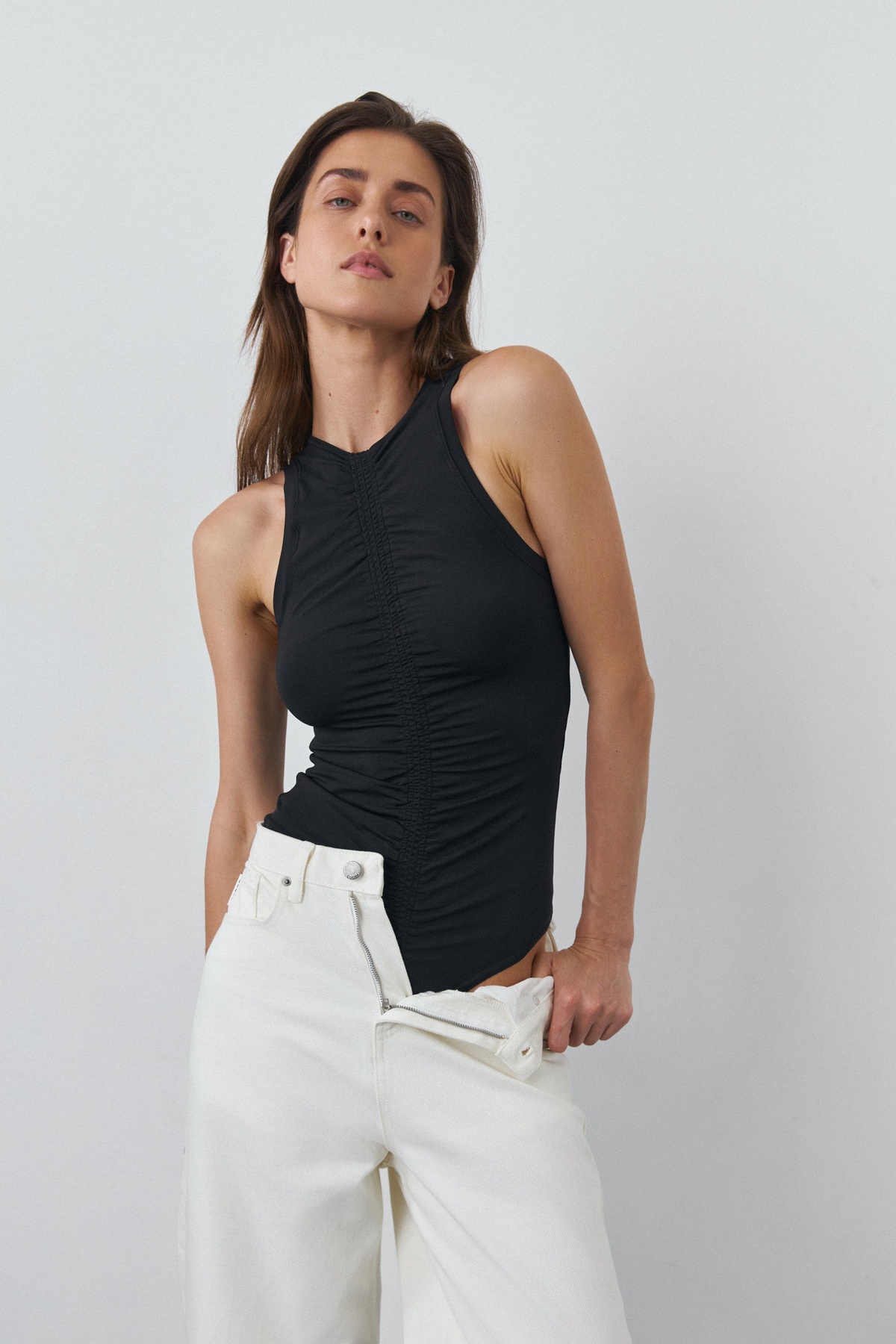 Ruched High Neck Sleeveless Bodysuit