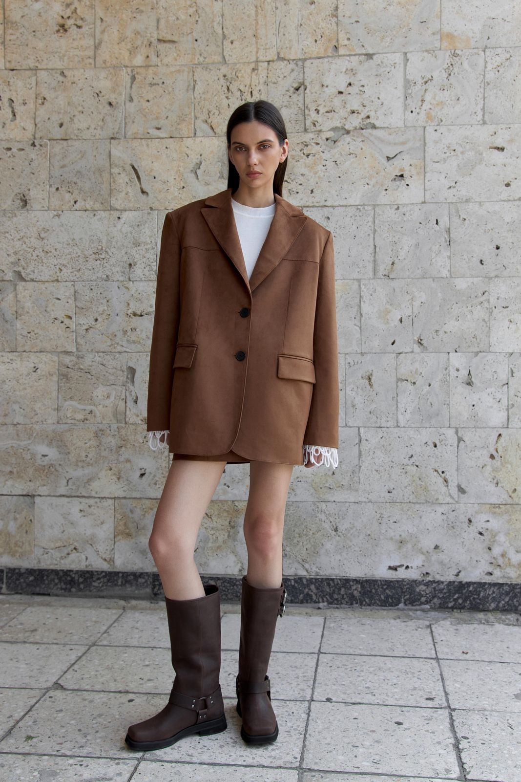 Premium Faux Suede Single-Breasted Blazer 