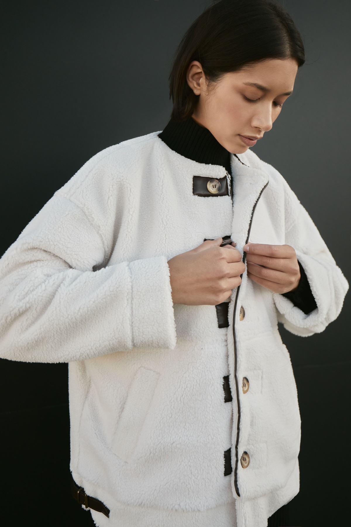 Shearling Coat with Faux Leather Inserts