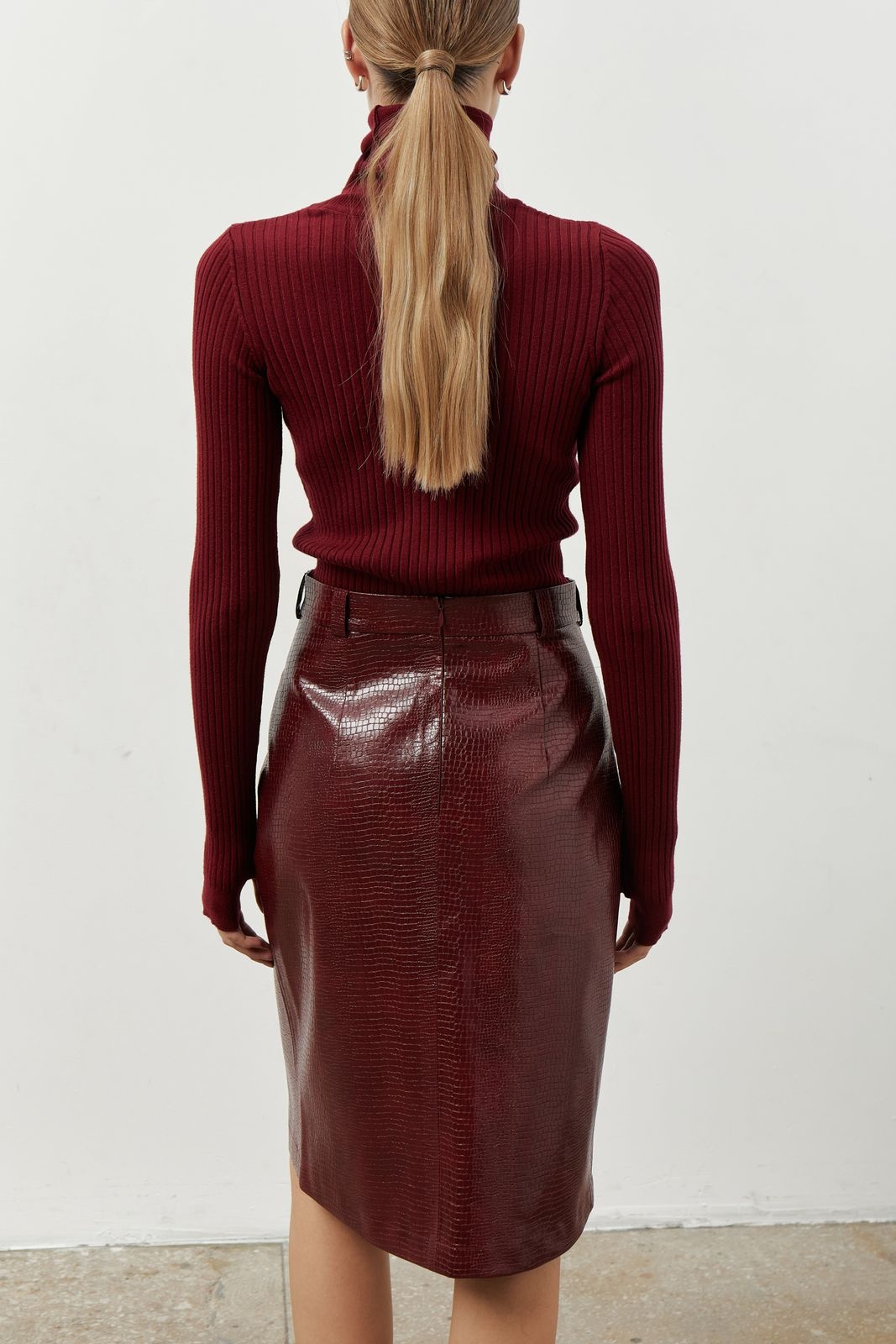 Slit Midi Skirt in Textured Faux Leather