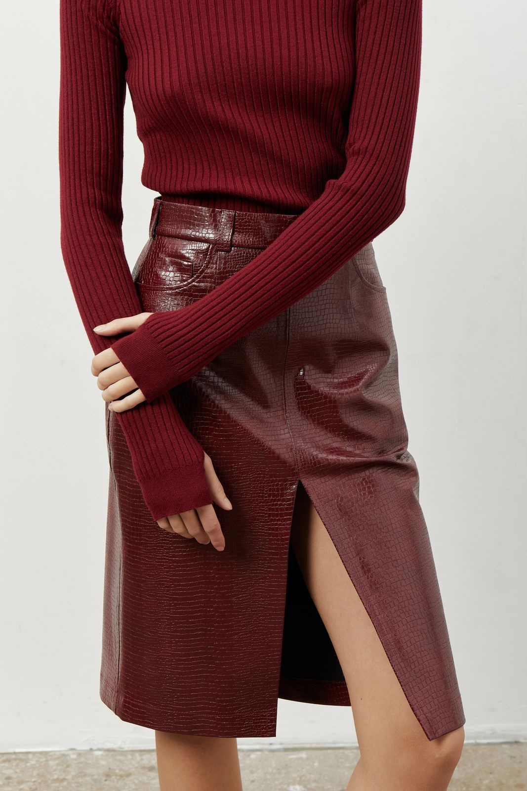 Slit Midi Skirt in Textured Faux Leather