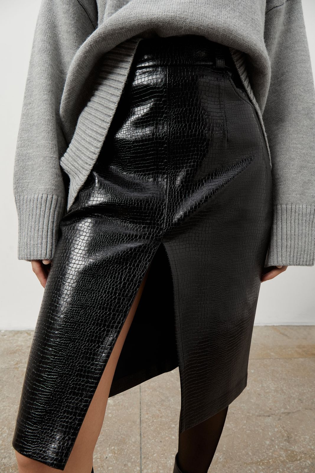 Slit Midi Skirt in Textured Faux Leather