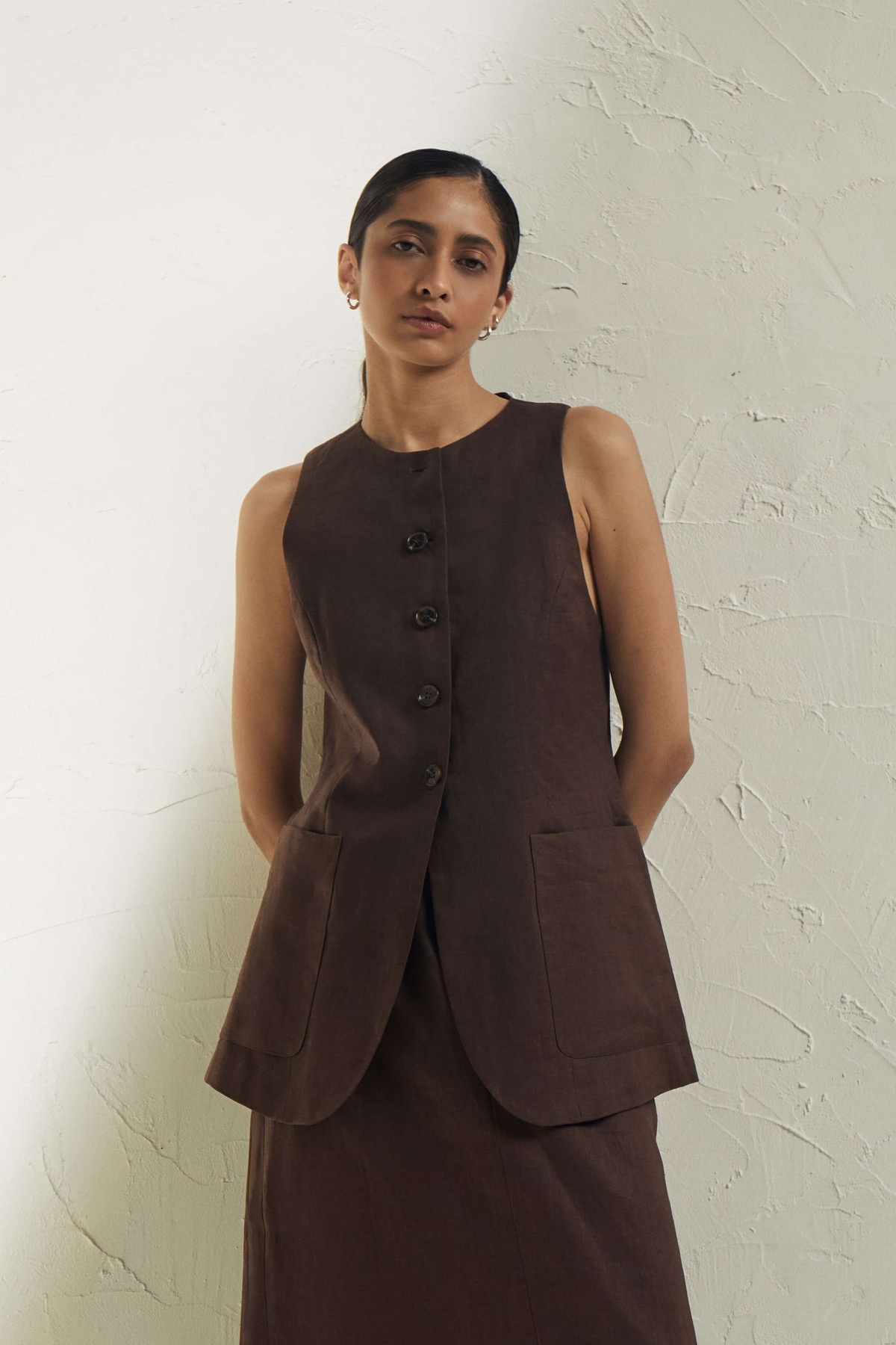 Hemp High Neck Vest with Button Closures and Back Tie