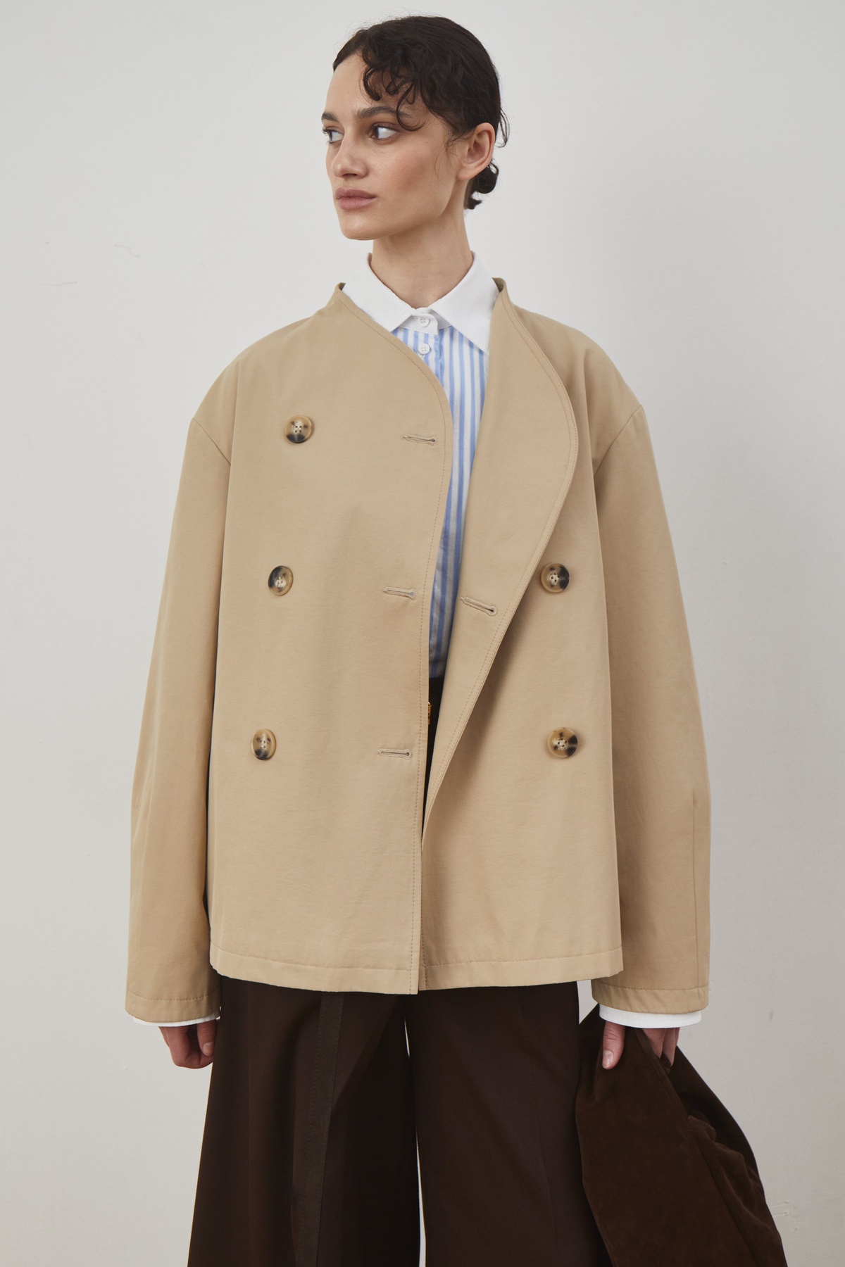 Collarless Cropped Trench Coat