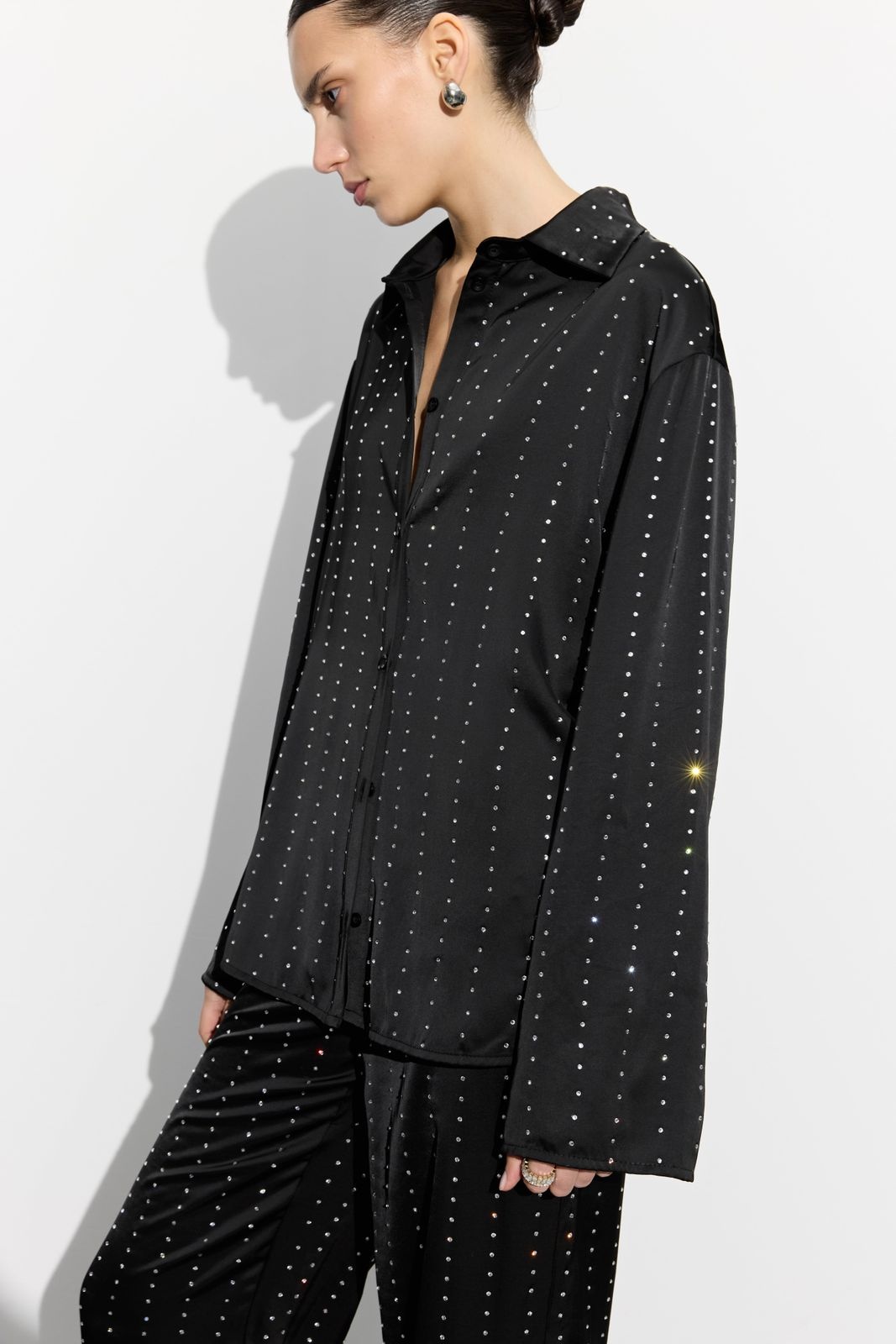 Pajama-Style Shirt with Rhinestones