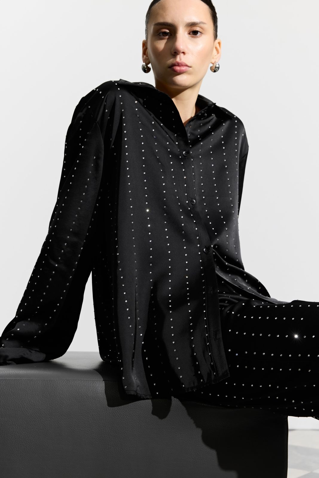 Pajama-Style Shirt with Rhinestones