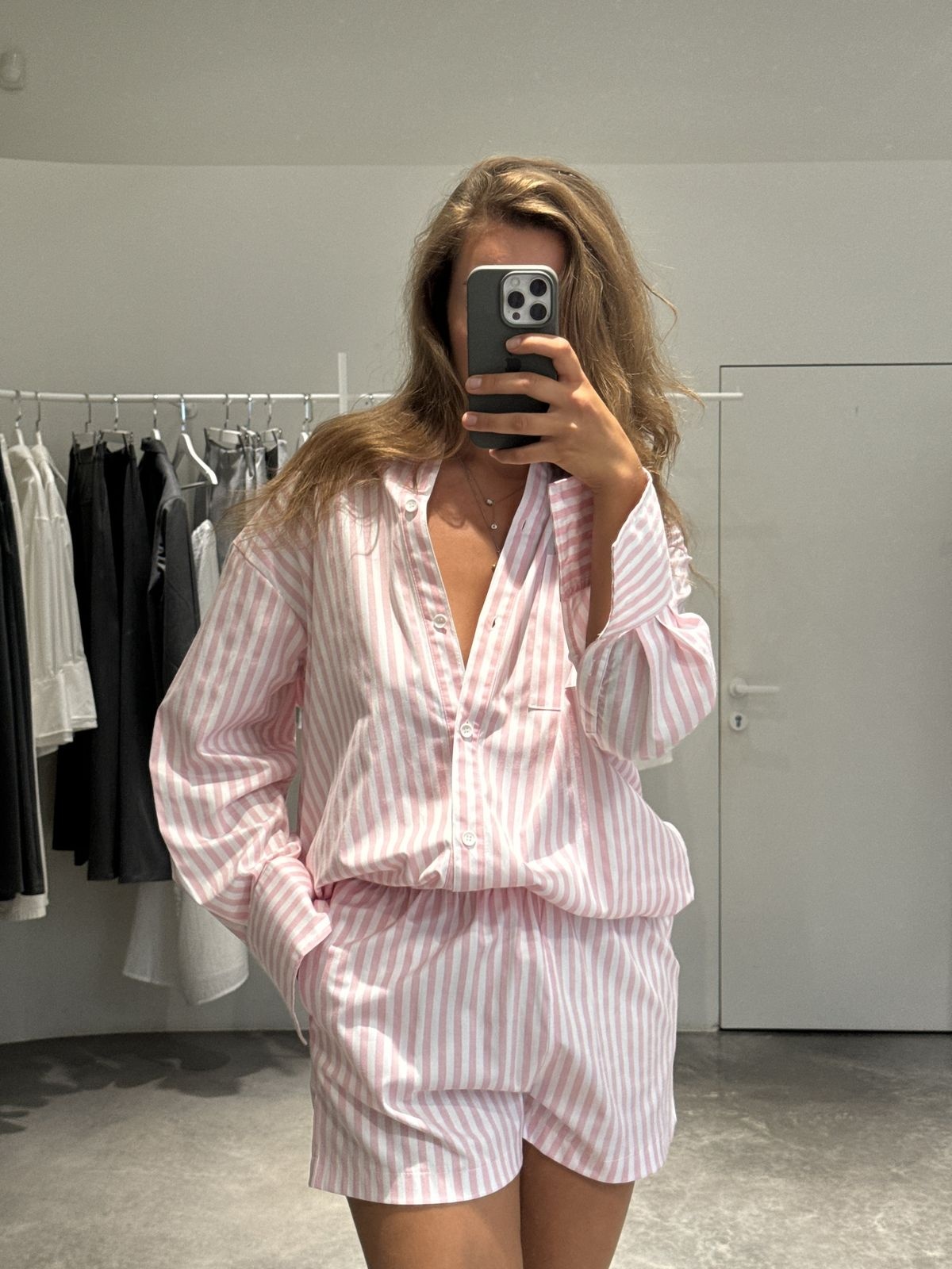 Striped Pyjama-Style Shirt and Shorts Matching Set 