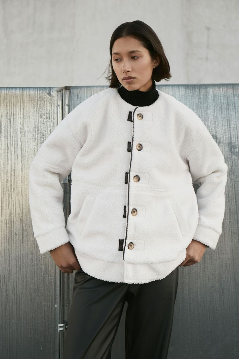 Shearling Coat with Faux Leather Inserts