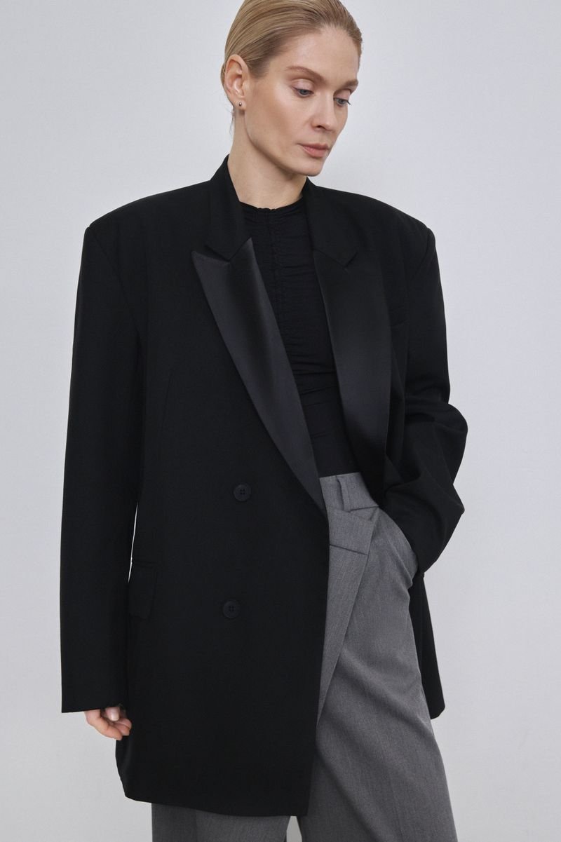 Oversized Double-Breasted Blazer with Satin Lapels