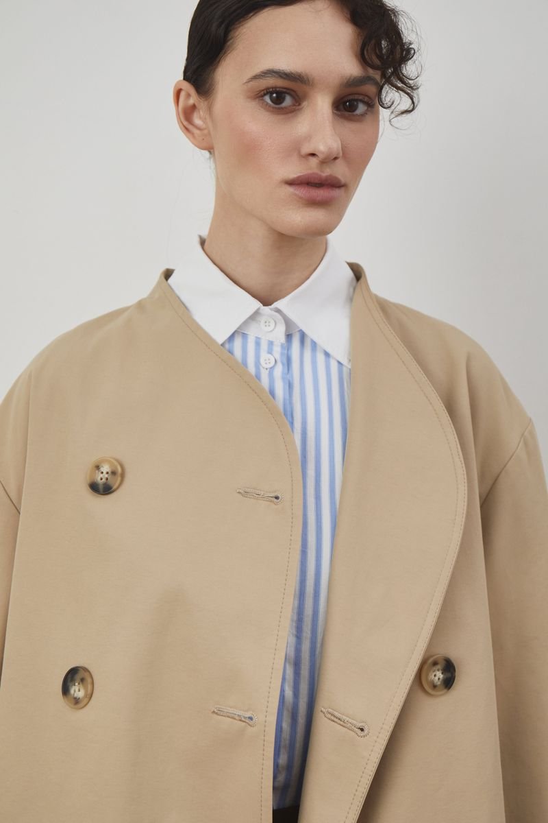 Collarless Cropped Trench Coat