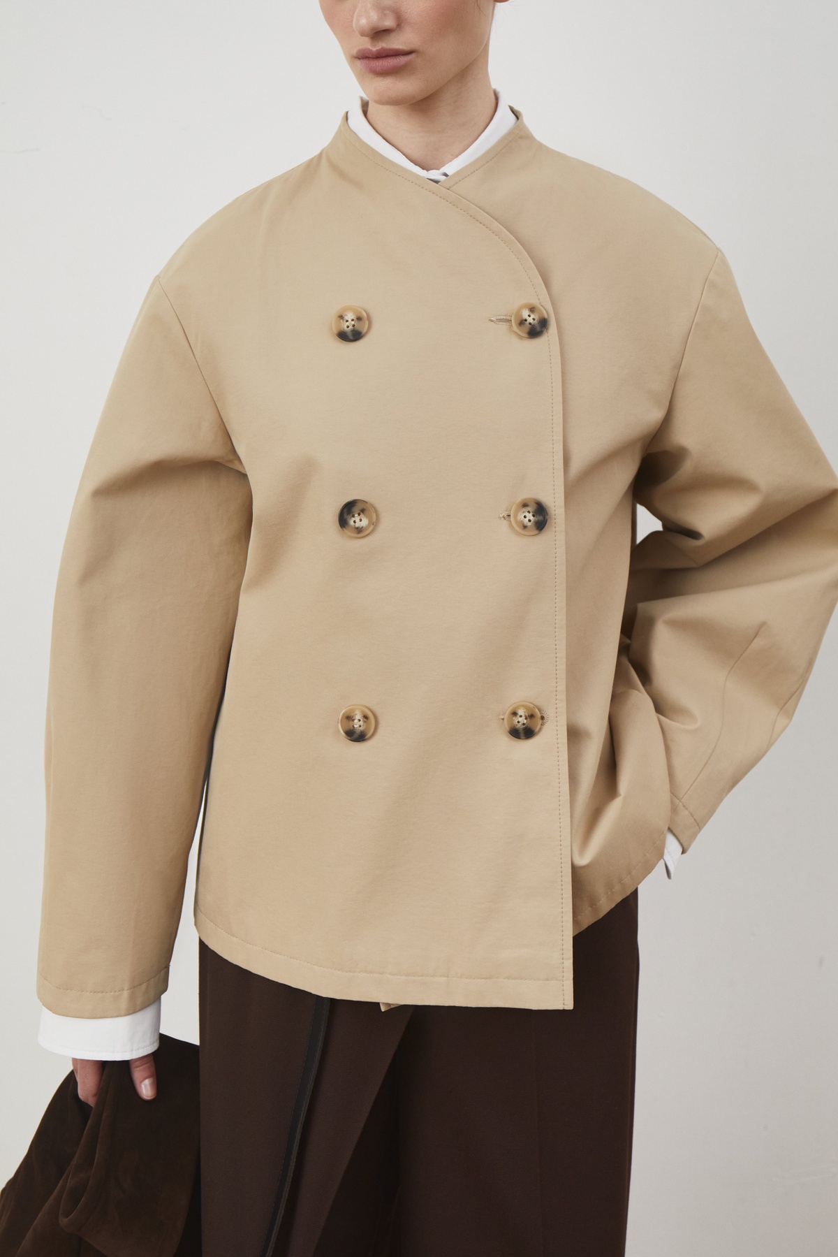 Collarless Cropped Trench Coat